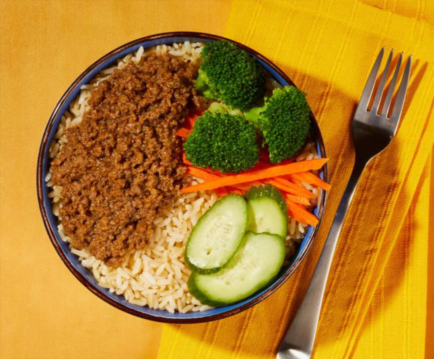 Beef bibimbap bowl, the student-created winning recipe from the LAUSD Student and Celebrity Chef Showdown, now on school menus nationwide