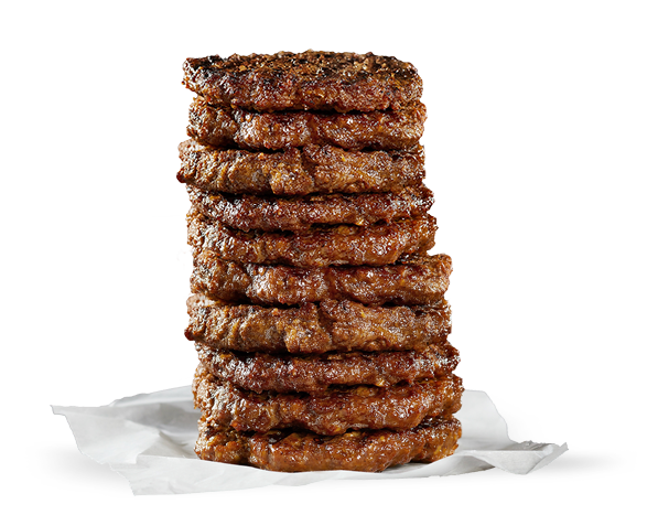 Stack of twelve flame-grilled Angus beef patties