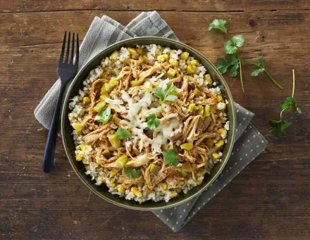 Green chili shredded chicken and cauliflower rice bowl